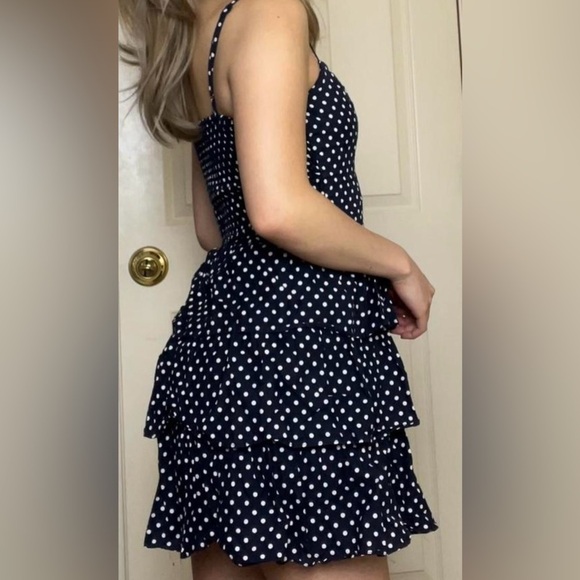 H&M navy/white polka dot spaghetti strap ruffle tiered above knee womens dress S - Picture 1 of 10